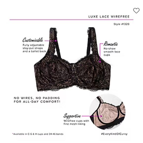 Curvy Couture Luxe Lace Bra 1320 40H/42G Black Beige Wireless Mesh Lingerie - Picture 3 of 9